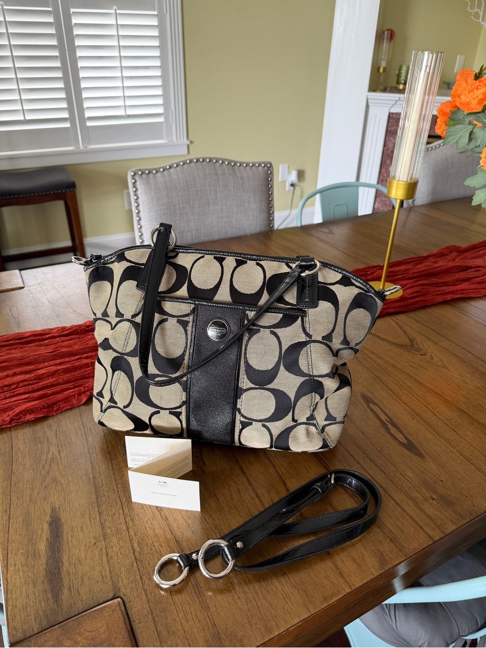 Coach Black and Beige Signature Canvas Shoulder Bag